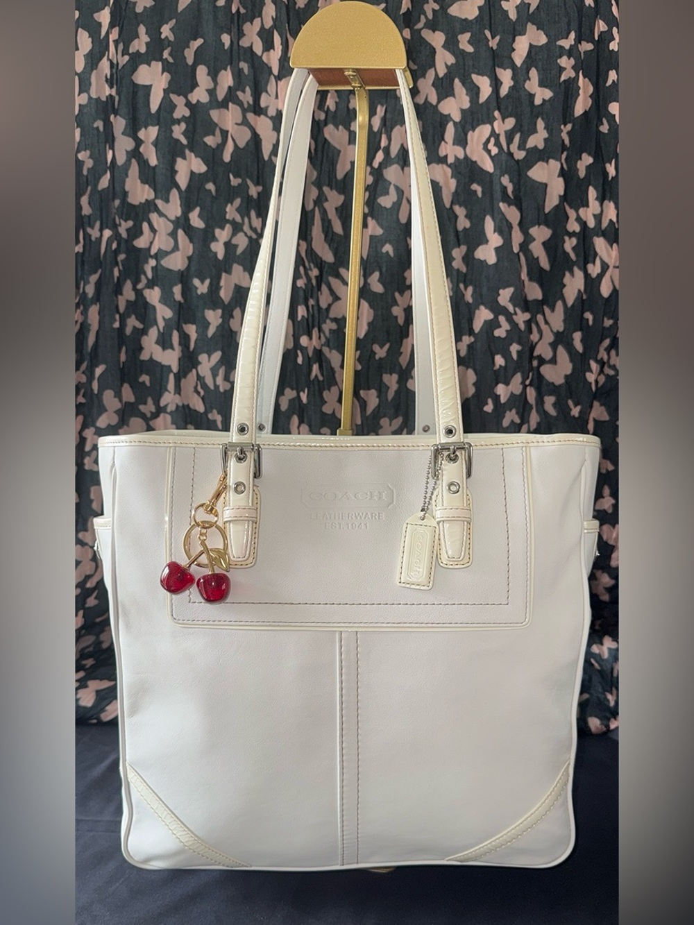 Coach Ivory With Cream Color Trim Leather Tote with Red Cherry Charm